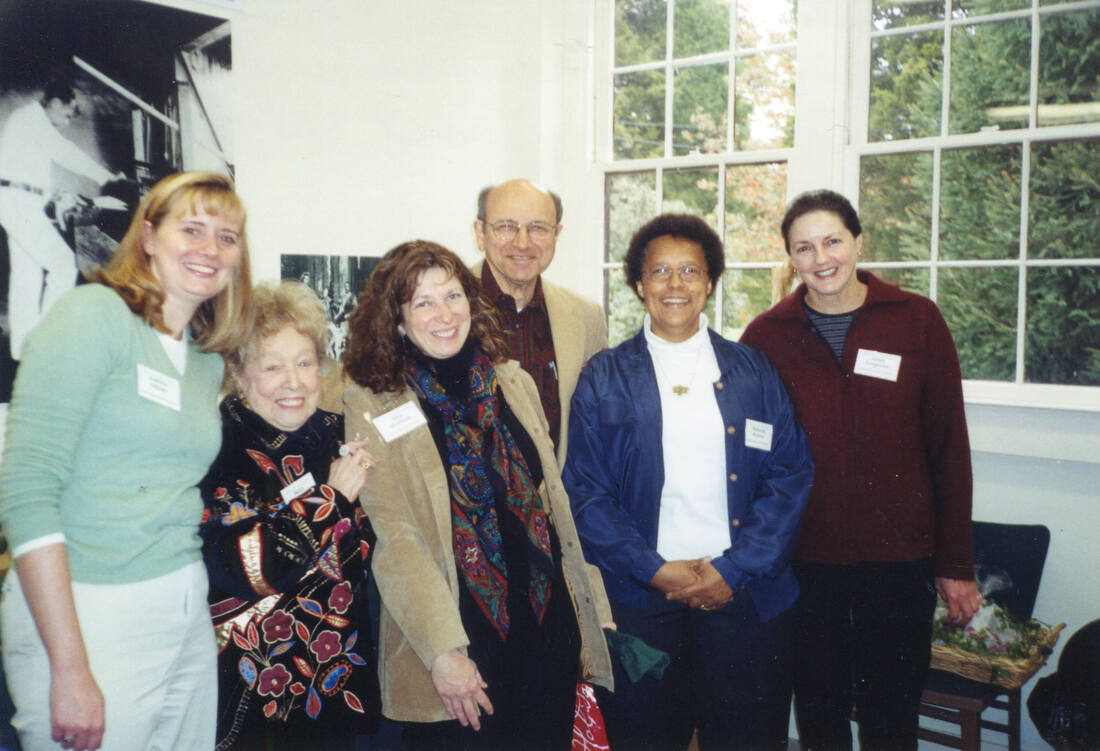 Arden Craft Shop Museum opening Left to right: Katrina Nelson; Betty Solway Smith; Lisa Mullinax; Aaron Hamburger; Roberta Perkins; Janet Cosgrove, October 24, 2004, ACSM02516.