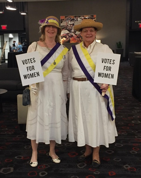 Sadie Sommerville and Barbara Macklem dressed up to celebrate the 100th anniversary of women's right to vote for SMA's Monday night gala.